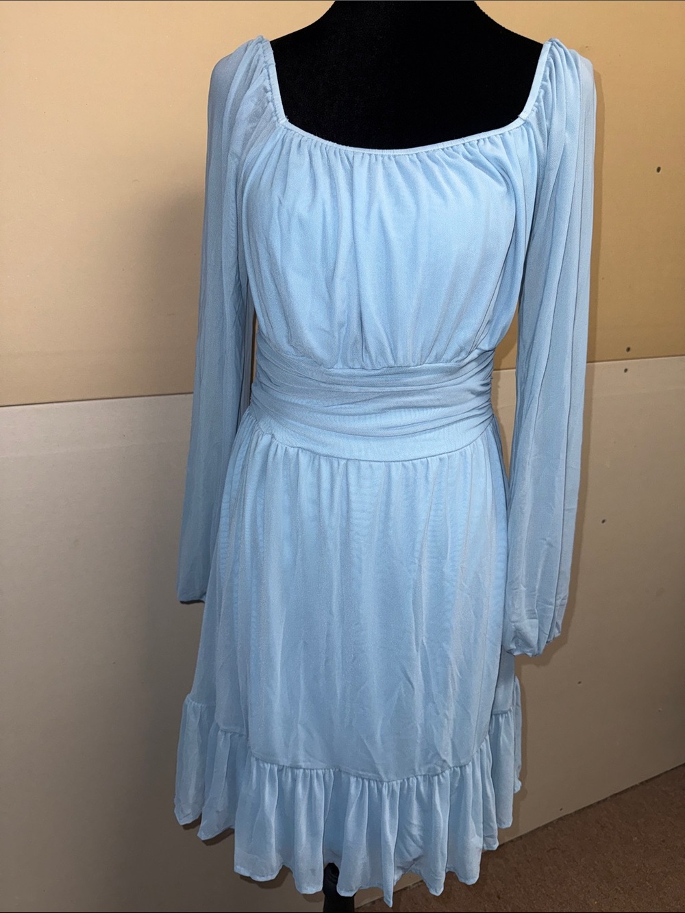 Light Blue Long-Sleeve Ruffle Hem Dress